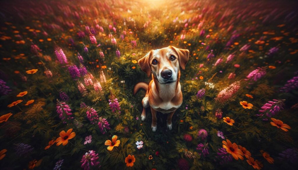 captivating scene where a dog sits obediently in a lush field of wildflowers