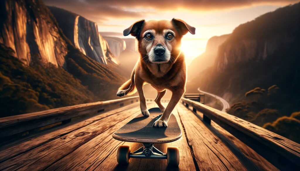 dog balanced on a skateboard, front paws planted firmly on the board