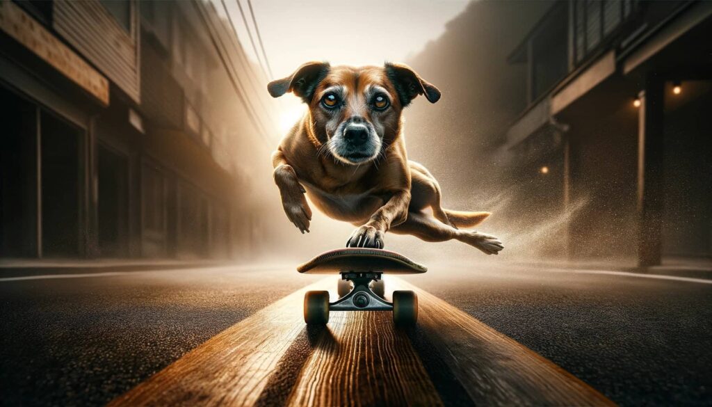 dog is expertly balanced on a skateboard, front paws planted firmly on the board