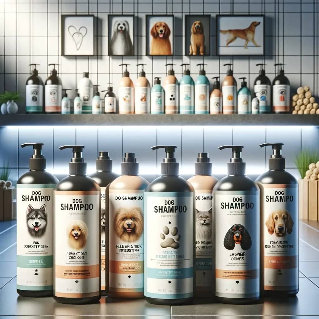 variety of dog shampoos bottles of dog shampoo