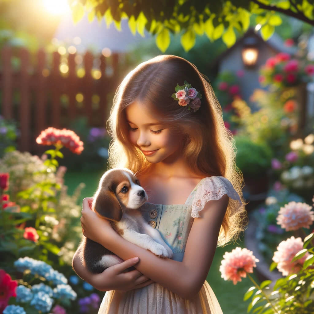 heartwarming scene in a sunlit garden, where a young girl is holding a small, fluffy puppy in her arms. The garden is blooming with colorful flowers